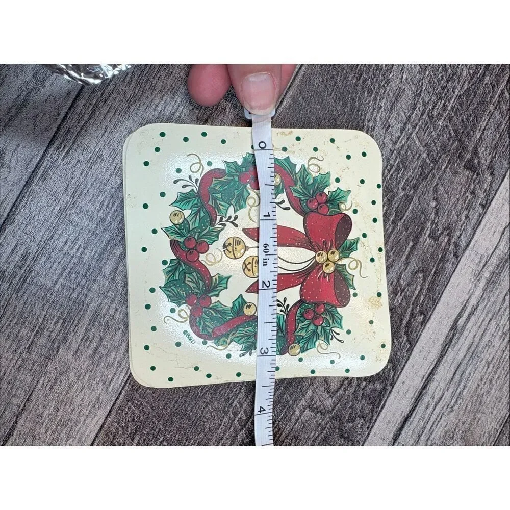 Vintage Christmas Coaster Set of 4 – Holly Wreath & Red Bow Design – Holiday Dri
